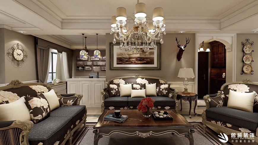鲁班装饰,美式风格,客厅沙发背景