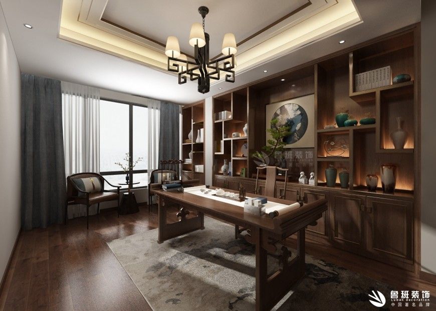绿地城,新中式效果图,书房设计图