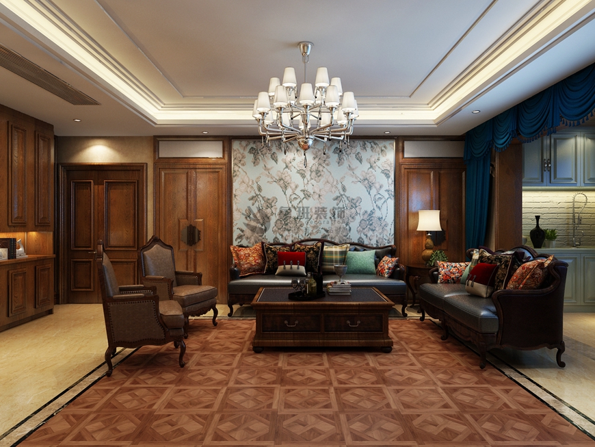 万科翡翠国宾,美式风格效果图,客厅沙发背景墙设计