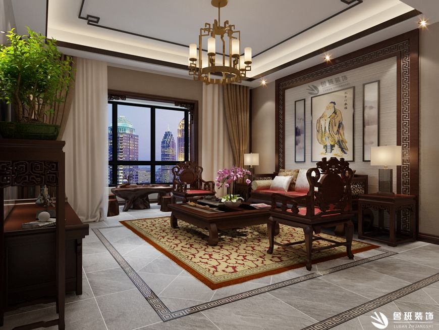 阳光美域,中式风格效果图,客厅设计